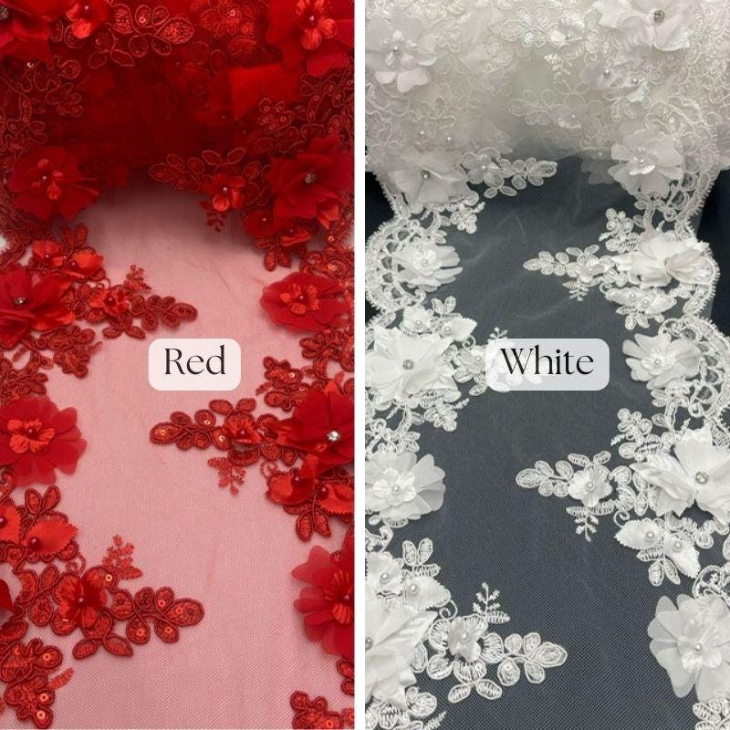 Beaded Lace With Pearls & Crystals Polyester Fabric - 3D Embroidered Lace, Baby Blue/Blush/Champagne/Dusty Rose/Gold/Lilac/Red/Royal Blue/Sage/White, 22" Width