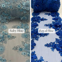 Beaded Lace With Pearls & Crystals Polyester Fabric - 3D Embroidered Lace, Baby Blue/Blush/Champagne/Dusty Rose/Gold/Lilac/Red/Royal Blue/Sage/White, 22" Width