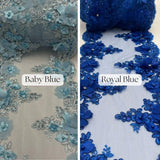 Beaded Lace With Pearls & Crystals Polyester Fabric - 3D Embroidered Lace, Baby Blue/Blush/Champagne/Dusty Rose/Gold/Lilac/Red/Royal Blue/Sage/White, 22" Width