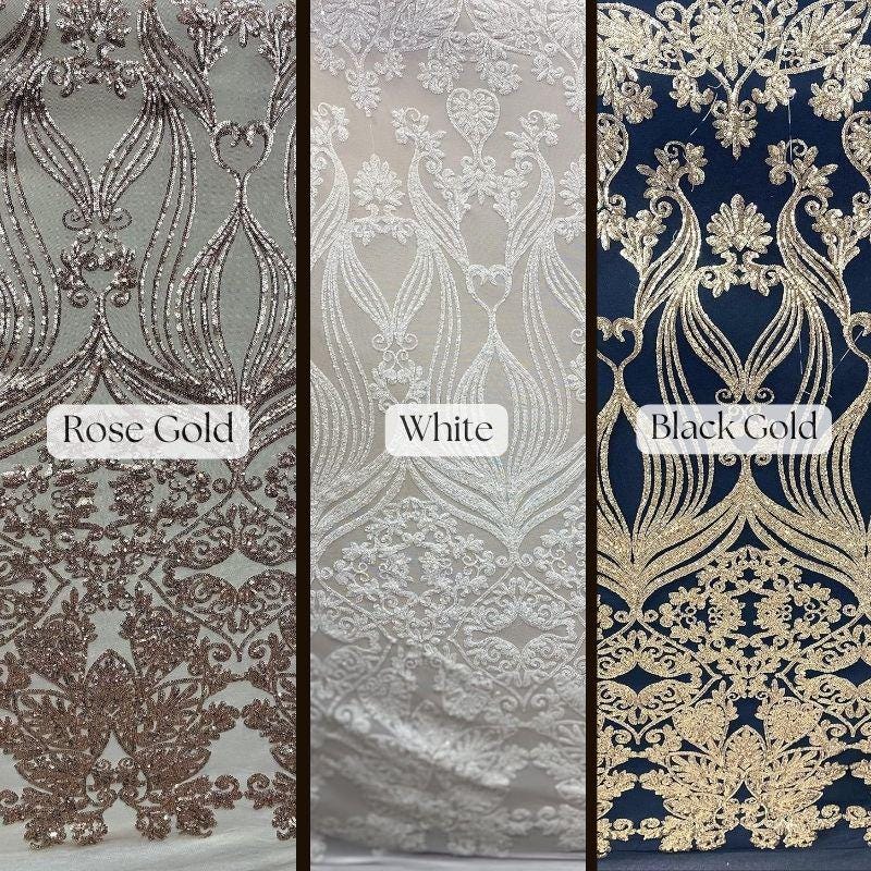 Damask Lace Polyester Fabric - Black Gold Damask Embroidered Mesh, 48-50" Width (1 Yard)
