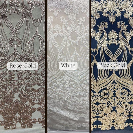 Damask Lace Polyester Fabric - Black Gold Damask Embroidered Mesh, 48-50" Width (1 Yard)