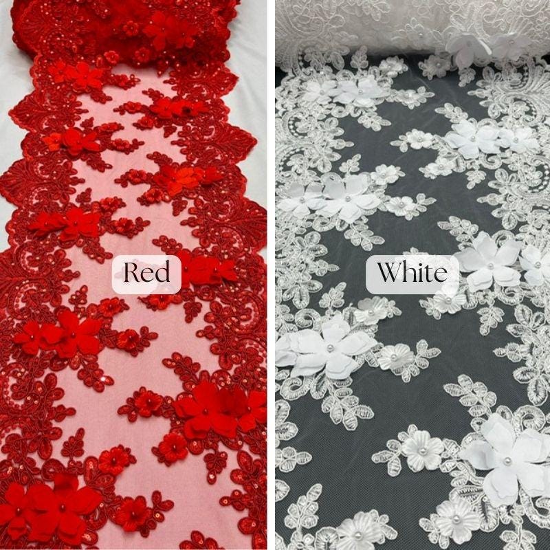 Beaded Lace Table Runner With Pearls And Sequins 3D Embroidered Lace Fabric - Baby Blue, 13" Wide