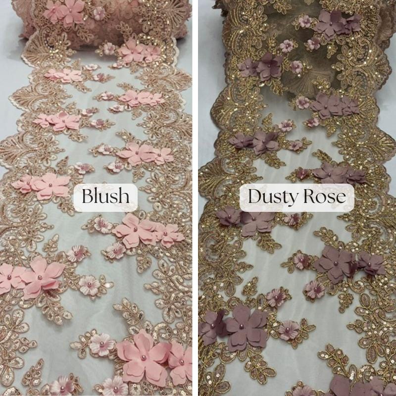 Beaded Lace Table Runner With Pearls And Sequins 3D Embroidered Lace Fabric - Baby Blue, 13" Wide