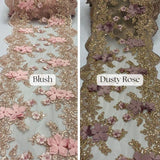 Beaded Lace Table Runner With Pearls And Sequins 3D Embroidered Lace Fabric - Baby Blue, 13" Wide