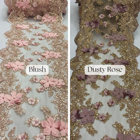 Beaded Lace Table Runner With Pearls And Sequins 3D Embroidered Lace Fabric - Baby Blue, 13" Wide