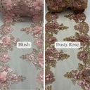 Beaded Lace With Pearls & Crystals Polyester Fabric - 3D Embroidered Lace, Baby Blue/Blush/Champagne/Dusty Rose/Gold/Lilac/Red/Royal Blue/Sage/White, 22" Width