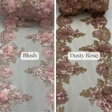 Beaded Lace With Pearls & Crystals Polyester Fabric - 3D Embroidered Lace, Baby Blue/Blush/Champagne/Dusty Rose/Gold/Lilac/Red/Royal Blue/Sage/White, 22" Width