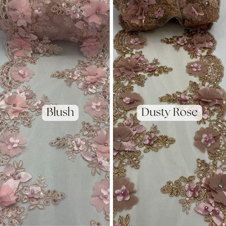Beaded Lace With Pearls & Crystals Polyester Fabric - 3D Embroidered Lace, Baby Blue/Blush/Champagne/Dusty Rose/Gold/Lilac/Red/Royal Blue/Sage/White, 22" Width