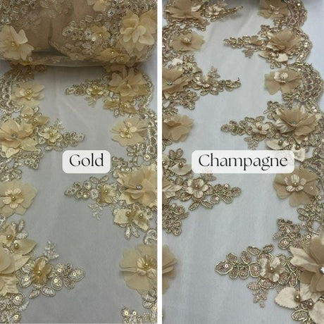 Beaded Lace With Pearls & Crystals Polyester Fabric - 3D Embroidered Lace, Baby Blue/Blush/Champagne/Dusty Rose/Gold/Lilac/Red/Royal Blue/Sage/White, 22" Width