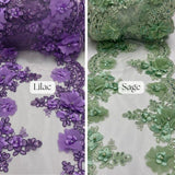 Beaded Lace With Pearls & Crystals Polyester Fabric - 3D Embroidered Lace, Baby Blue/Blush/Champagne/Dusty Rose/Gold/Lilac/Red/Royal Blue/Sage/White, 22" Width