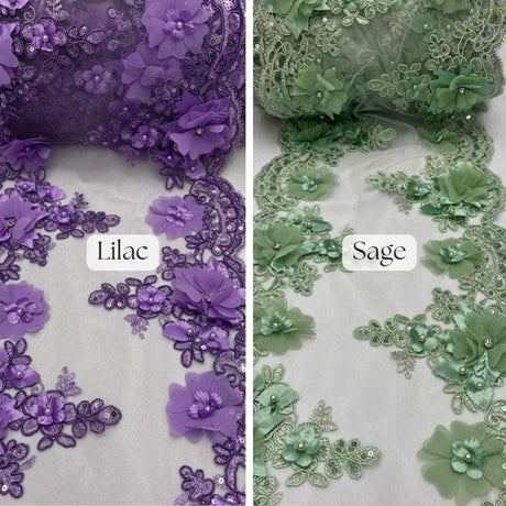 Beaded Lace With Pearls & Crystals Polyester Fabric - 3D Embroidered Lace, Baby Blue/Blush/Champagne/Dusty Rose/Gold/Lilac/Red/Royal Blue/Sage/White, 22" Width