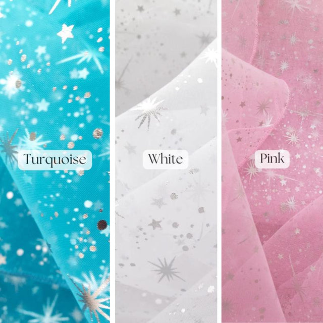 Star Bursts Sheer Organza Fabric - Turquoise, White, Pink Starburst Pattern, 58/60" Width (1 Yard)