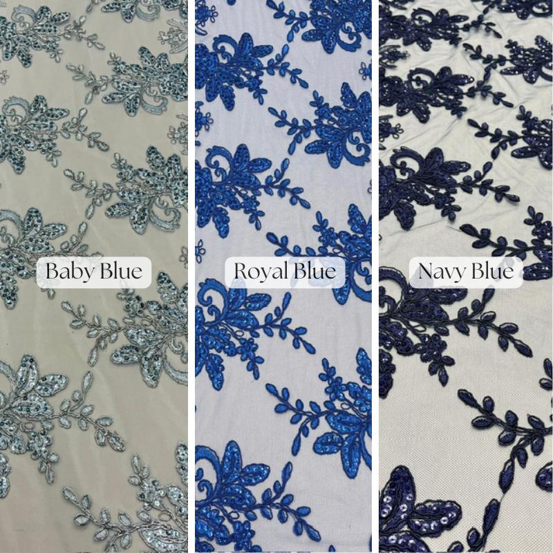 Sequin Lace Fabric With Embroidery On Mesh - Baby Blue, 20" Width