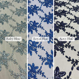 Sequin Lace Fabric With Embroidery On Mesh - Baby Blue, 20" Width