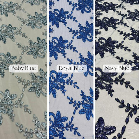 Sequin Lace Fabric With Embroidery On Mesh - Baby Blue, 20" Width