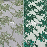 Sequin Lace Fabric With Embroidery On Mesh - Baby Blue, 20" Width