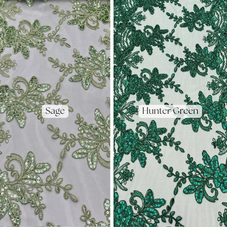 Sequin Lace Fabric With Embroidery On Mesh - Baby Blue, 20" Width