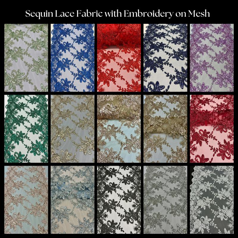 Sequin Lace Fabric With Embroidery On Mesh - Baby Blue, 20" Width