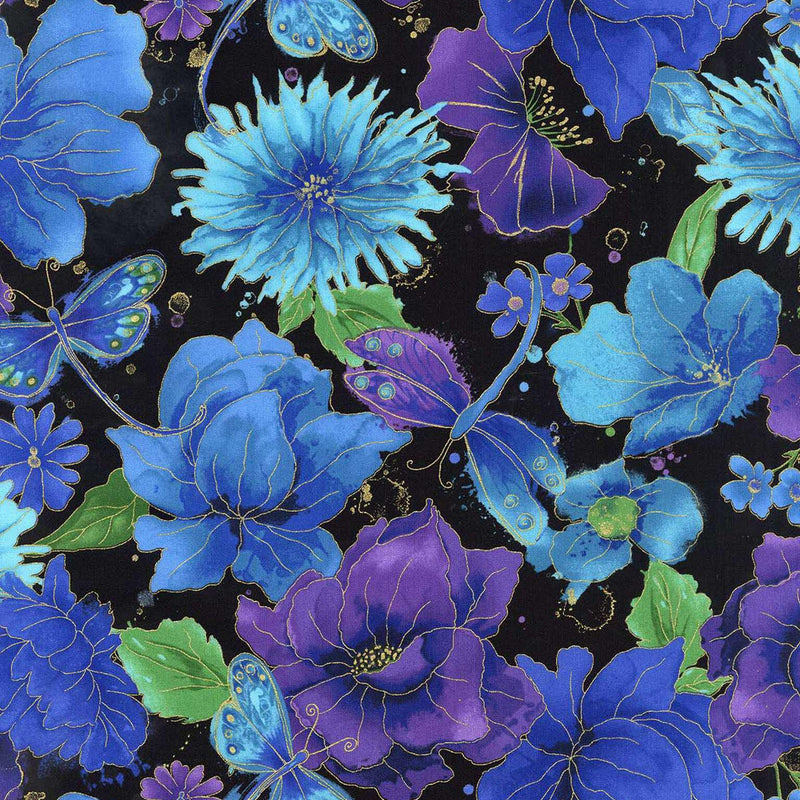 Quilting Cotton Hi Fashion Floral on Black Metallic