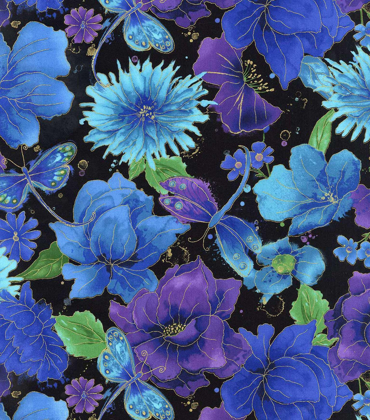 Quilting Cotton Hi Fashion Floral on Black Metallic