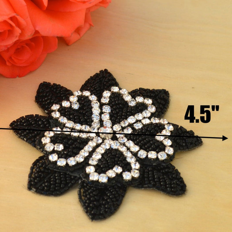 Beaded Flower Applique Black 4.5in