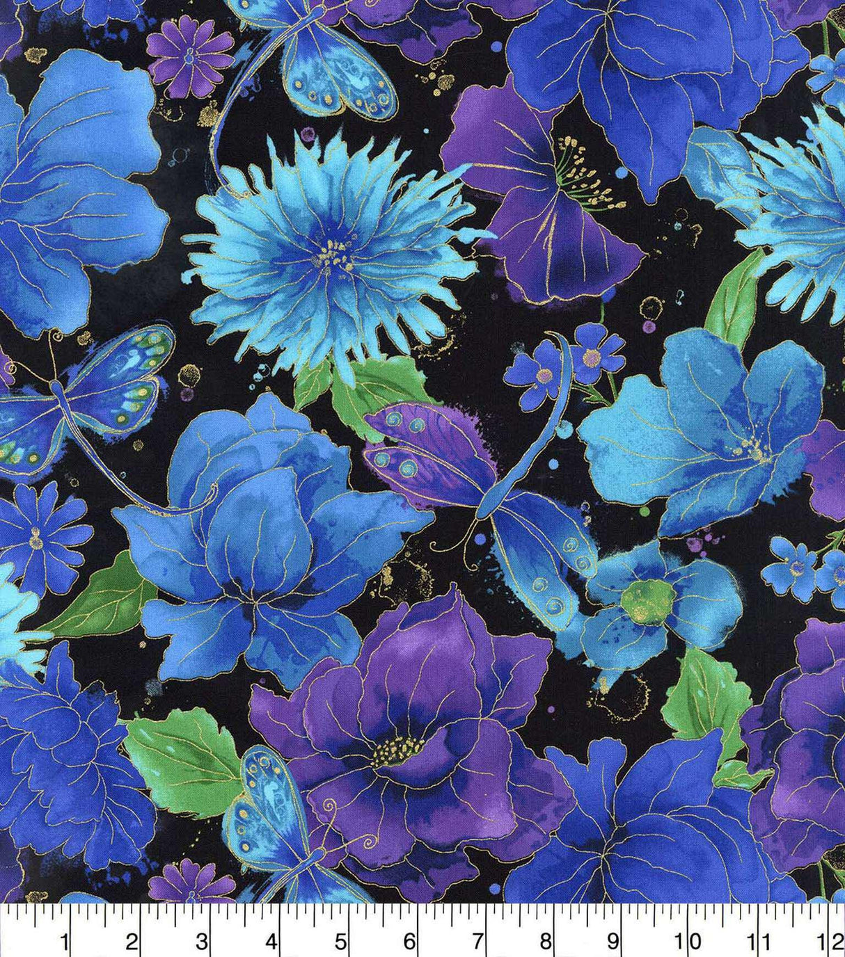 Quilting Cotton Hi Fashion Floral on Black Metallic