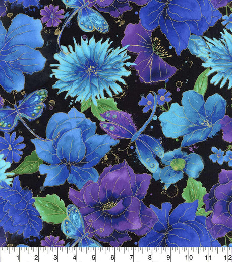 Quilting Cotton Hi Fashion Floral on Black Metallic