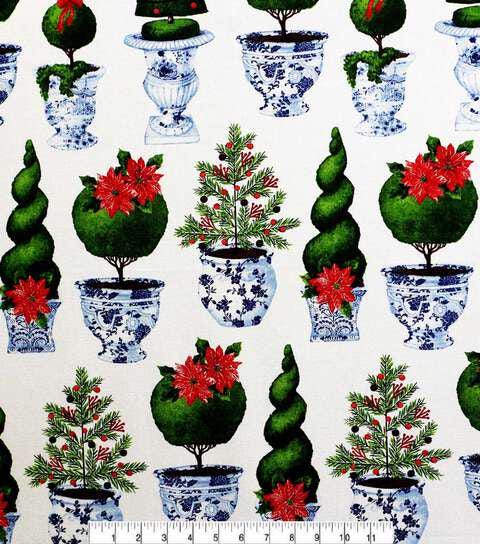 Quilting Cotton Chinoiserie Pots on White Canvas
