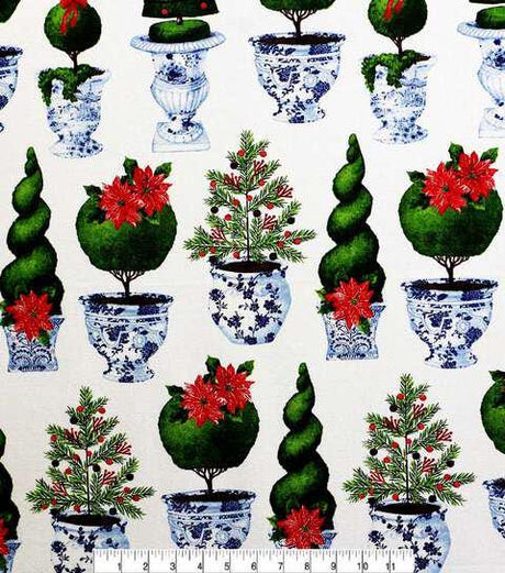Quilting Cotton Chinoiserie Pots on White Canvas