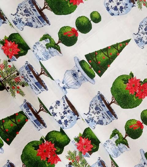 Quilting Cotton Chinoiserie Pots on White Canvas