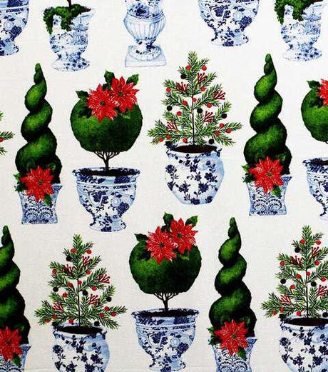 Quilting Cotton Chinoiserie Pots on White Canvas