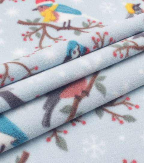 Fleece Fabric Warm Holiday Birds on Blue Christmas 59" Wide