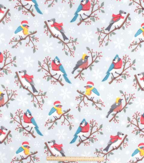 Fleece Fabric Warm Holiday Birds on Blue Christmas 59" Wide