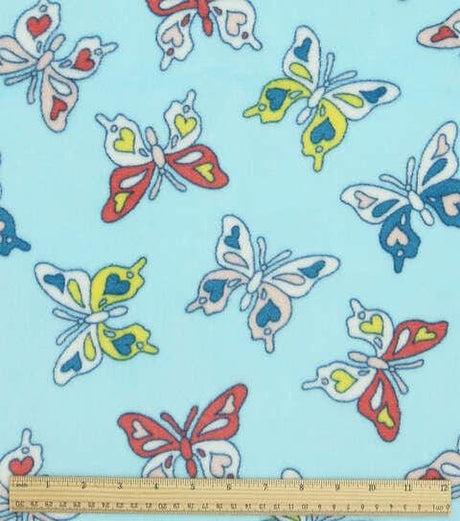Fleece Fabric Spring Hearts & Butterflies on Blue 58" Wide