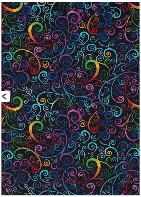 Quilting Cotton Black Rainbow Scrolls 100% Cotton