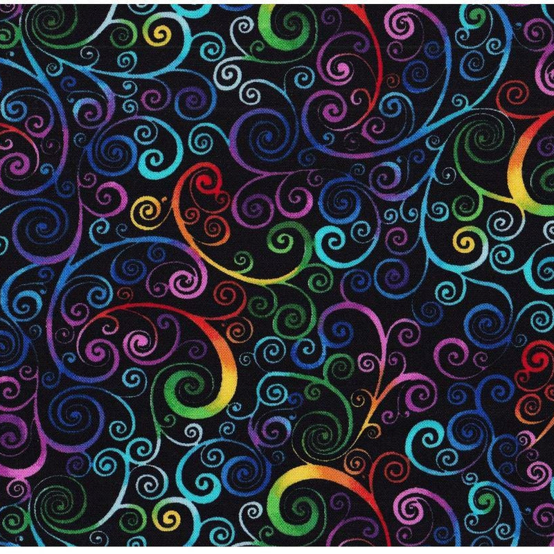 Quilting Cotton Black Rainbow Scrolls 100% Cotton