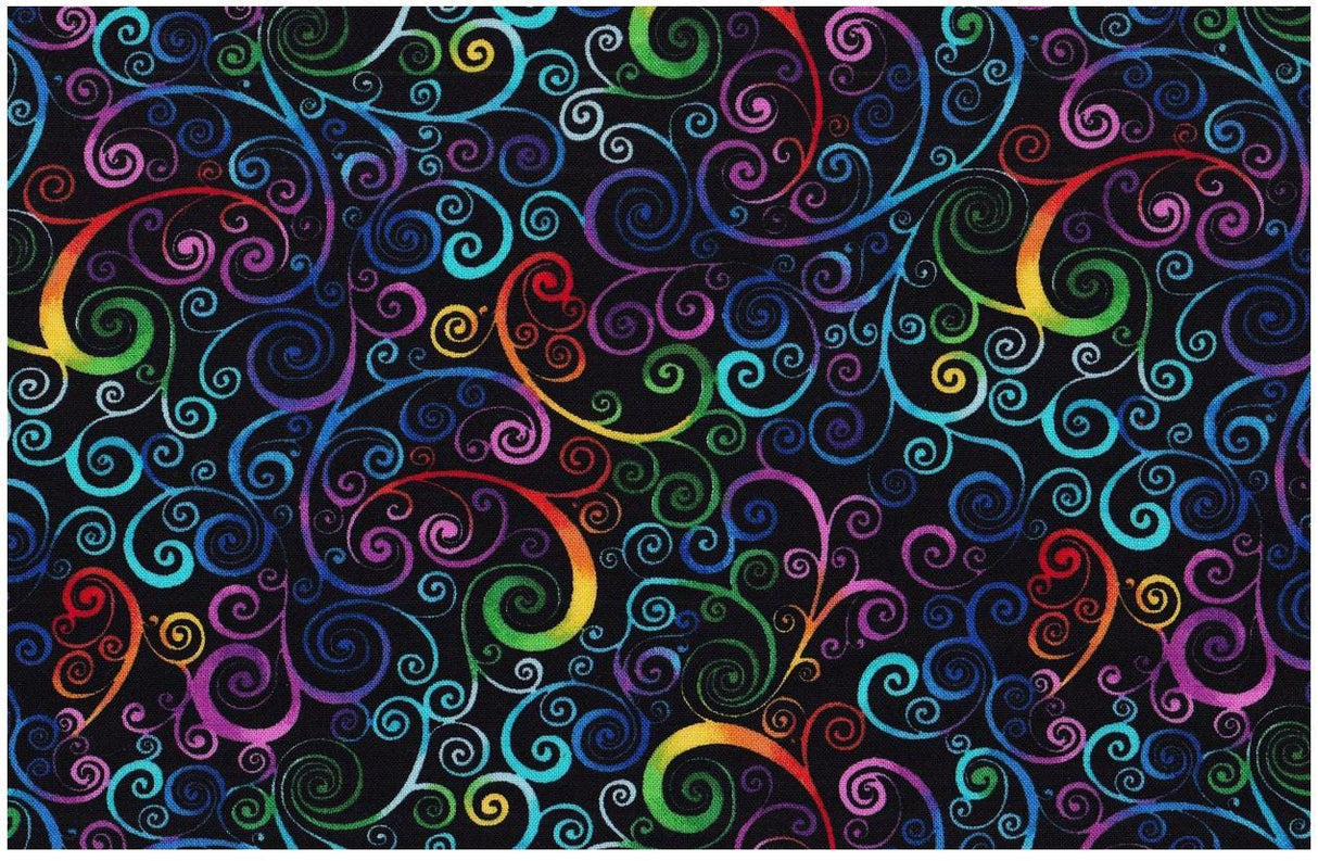 Quilting Cotton Black Rainbow Scrolls 100% Cotton