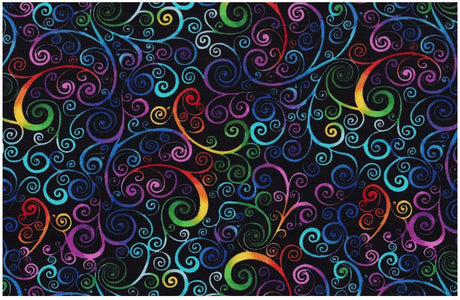 Quilting Cotton Black Rainbow Scrolls 100% Cotton