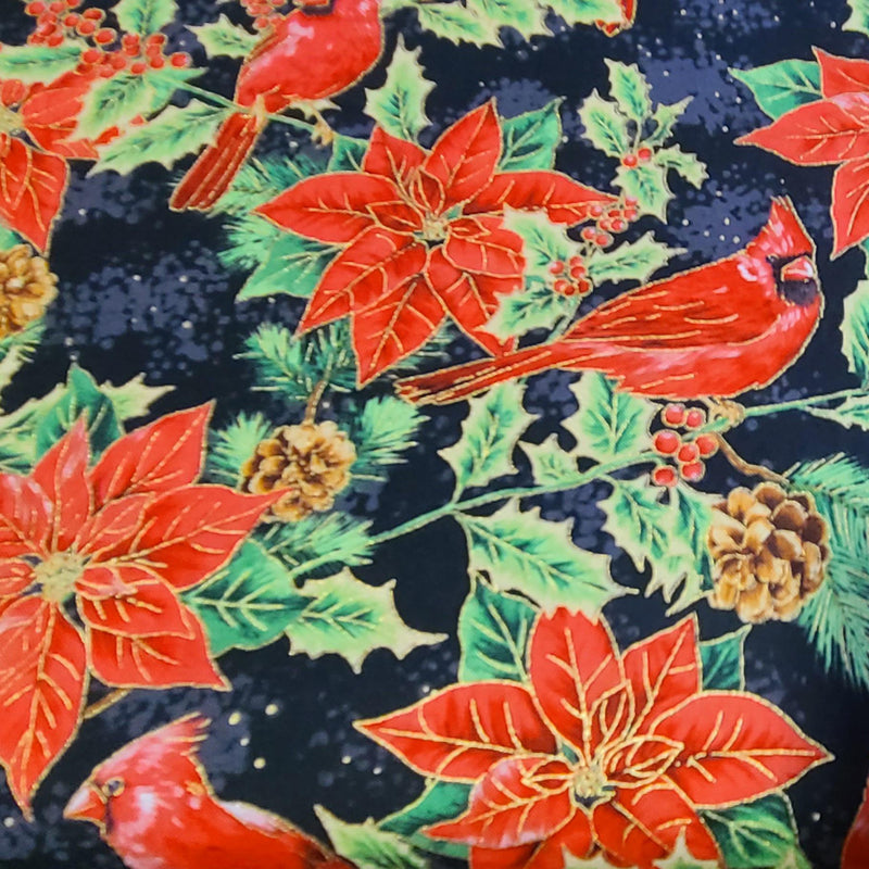 Quilting Cotton Metallic Cardinals & Poinsettias Christmas Fabric