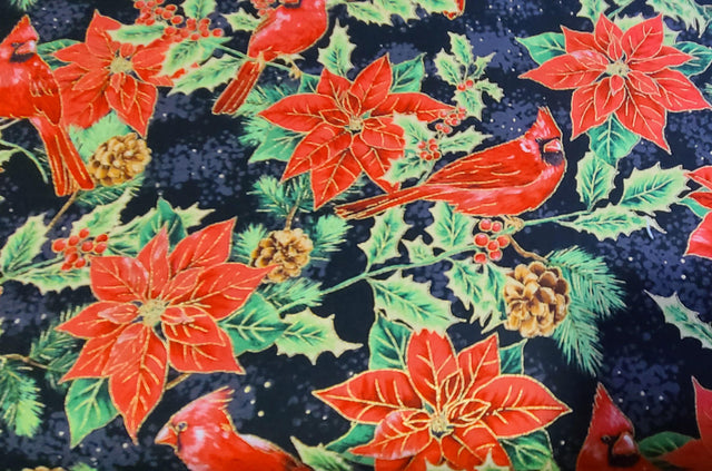 Quilting Cotton Metallic Cardinals & Poinsettias Christmas Fabric