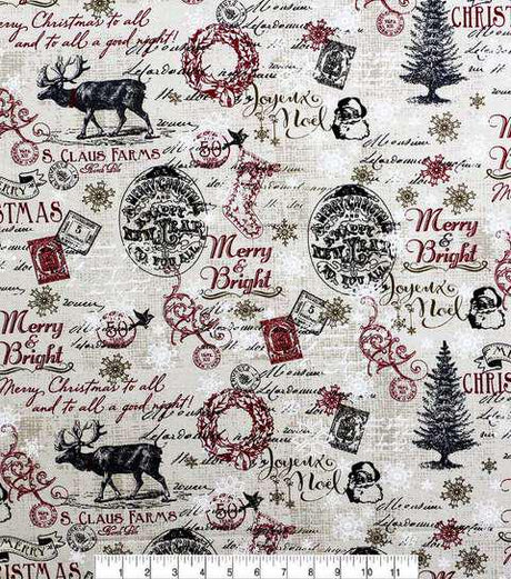 Cotton Canvas Merry & Bright on White Christmas Fabric