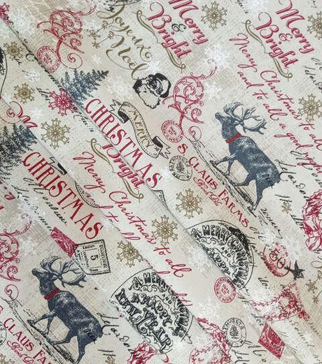 Cotton Canvas Merry & Bright on White Christmas Fabric