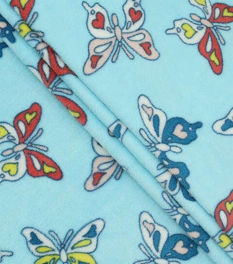 Fleece Fabric Spring Hearts & Butterflies on Blue 58" Wide