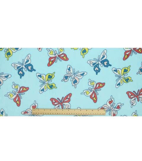Fleece Fabric Spring Hearts & Butterflies on Blue 58" Wide