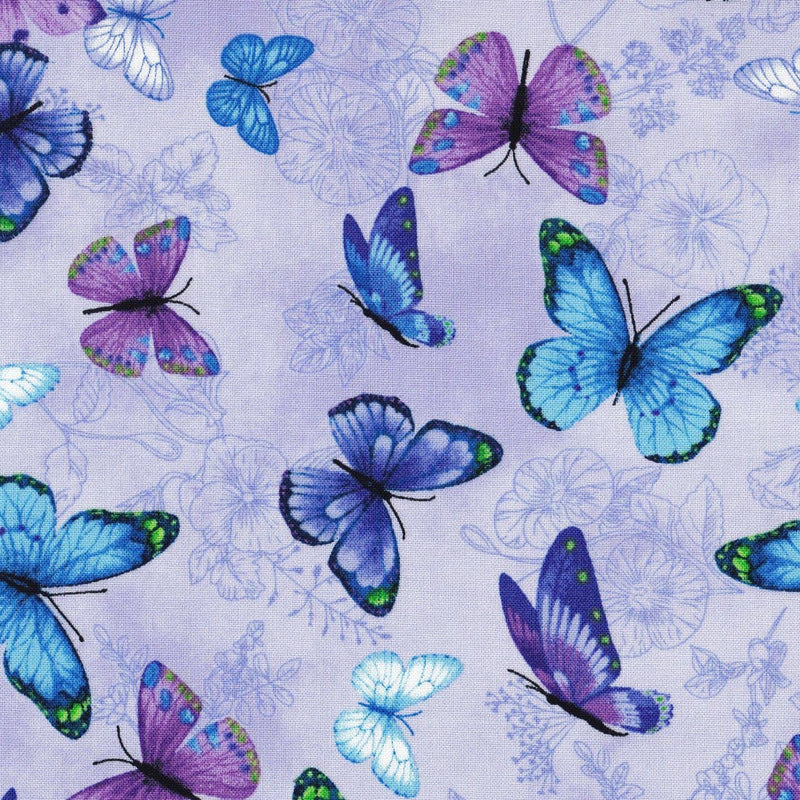 Quilting Cotton Blue Purple Butterflies 100% Cotton