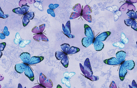 Quilting Cotton Blue Purple Butterflies 100% Cotton
