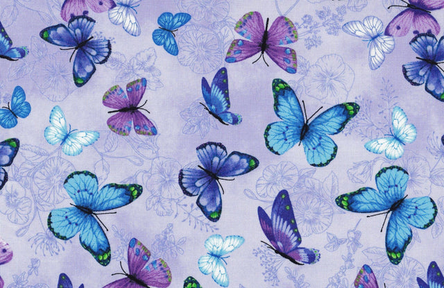 Quilting Cotton Blue Purple Butterflies 100% Cotton