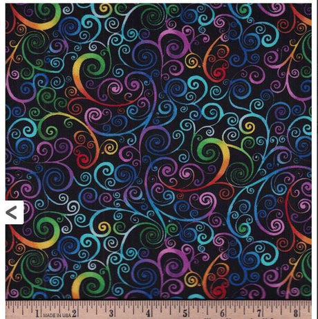 Quilting Cotton Black Rainbow Scrolls 100% Cotton