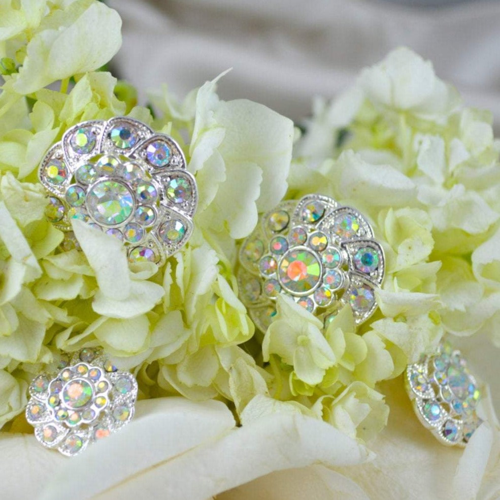 Rhinestone Button Silver AB Flower
