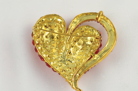 Rhinestone Heart Brooch Red Gold